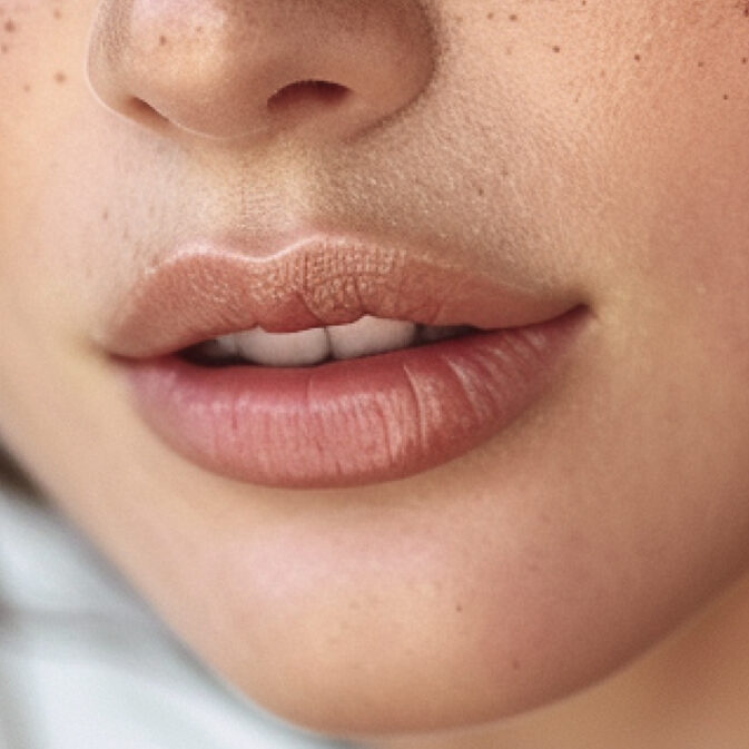 Nahaufnahme eines entspannten Mundes mit leicht geöffneten Lippen und sichtbaren Zähnen.